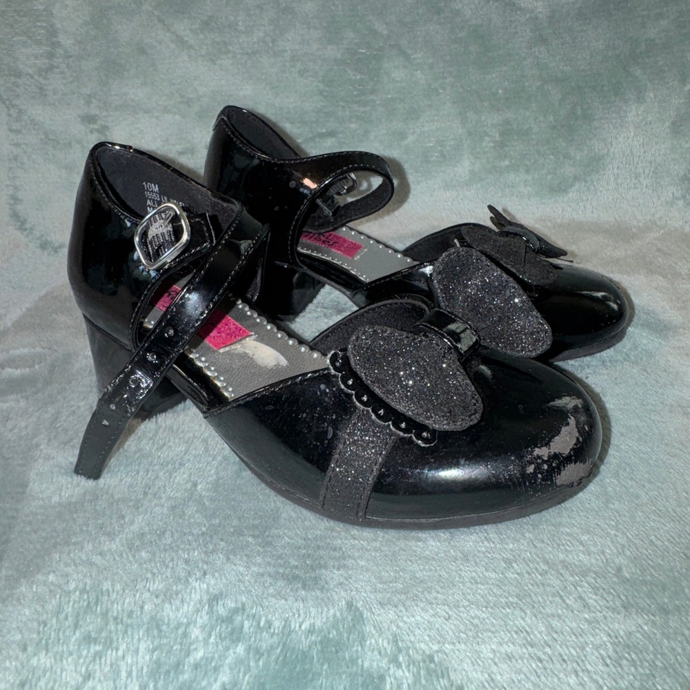Rachel Shoes Girls Valentina Mary Jane Heel 10M Black Patent Glitter Bow